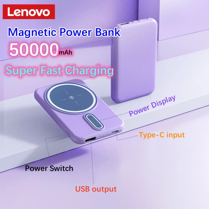 Lenovo 50000mAh Wireless Magnetic Power Bank Super Fast Charging Portable Battery Charger For iPhone Huawei Samsung 2024 New